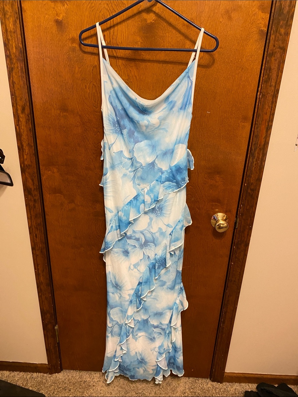SHEIN Blue and White Floral Ruffle Maxi Slip Dress